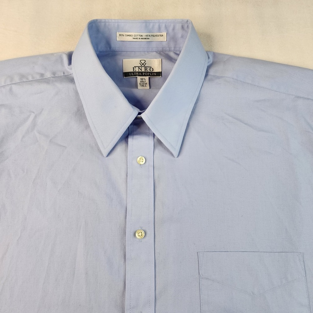 Enro Ultra Poplin Dress Shirt Mens 18.5 Tall Light Blue Short Sleeve Button Down